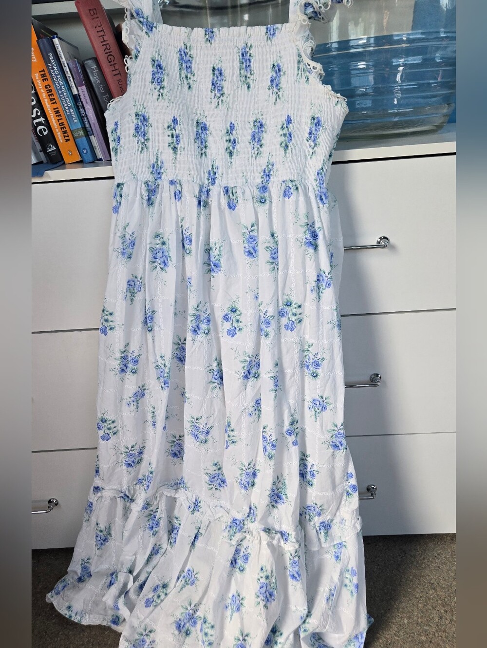 White and Blue Floral Smocked Maxi Skirt
